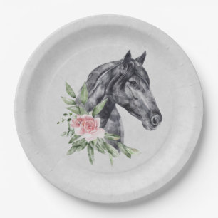 Beautiful Black Horse Head Portrait Watercolor Paper Plate