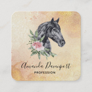 Beautiful Black Horse Head Portrait Watercolor Square Business Card