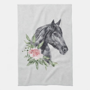 Beautiful Black Horse Head Portrait Watercolor Tea Towel