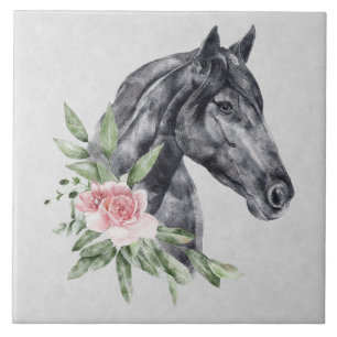 Beautiful Black Horse Head Portrait Watercolor Tile