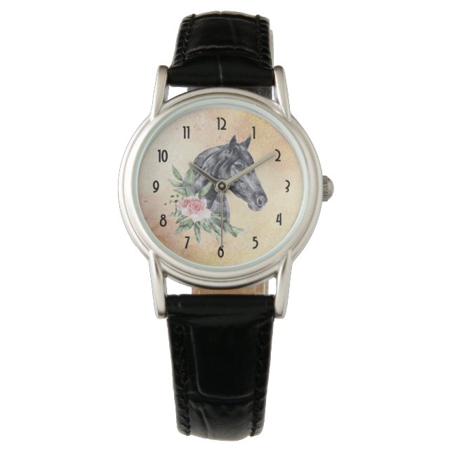 Beautiful Black Horse Head Portrait Watercolor Watch (Front)
