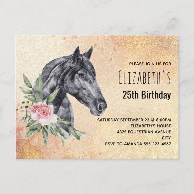 Beautiful Black Horse Head Watercolor Birthday Invitation Postcard (Front)
