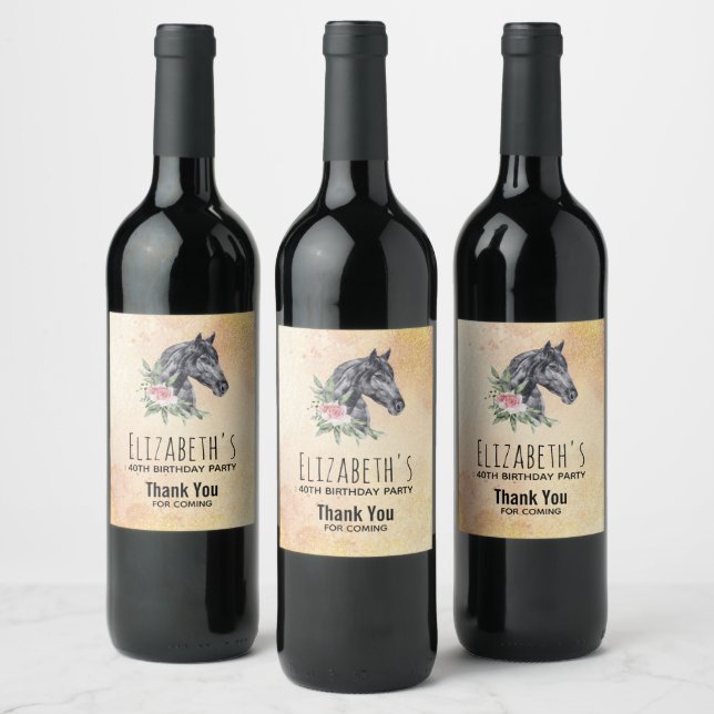 Beautiful Black Horse Head Watercolor Birthday Wine Label (Bottles)