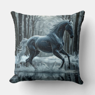 Beautiful Black Horse Running Through Water Cushion