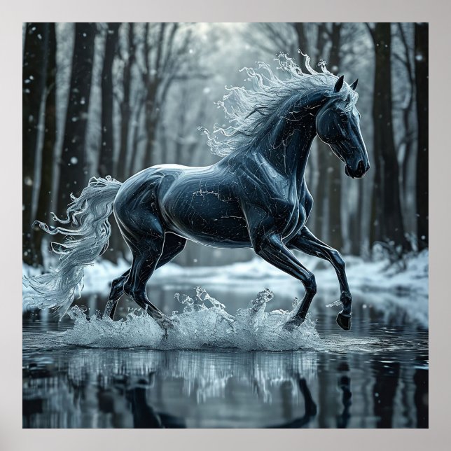 Beautiful Black Horse Running Through Water Poster (Front)