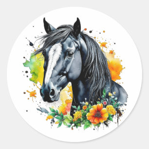 Beautiful Black Horse Surrounded by Yellow Flowers Classic Round Sticker