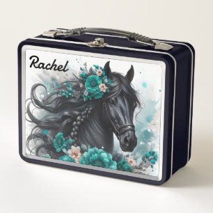 Beautiful Black Horse with Teal Flowers Metal Lunch Box