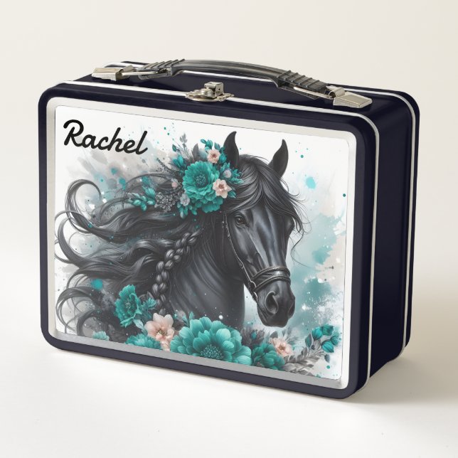 Beautiful Black Horse with Teal Flowers Metal Lunch Box (Front)