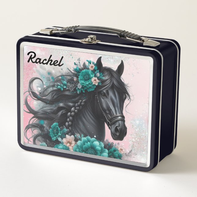 Beautiful Black Horse with Teal Flowers Metal Lunch Box (Front)