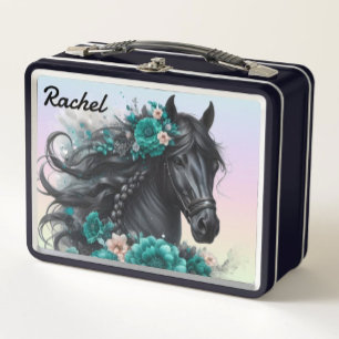 Beautiful Black Horse with Teal Flowers Metal Lunch Box