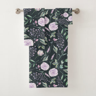 Beautiful Black Lavender Floral Pattern Bath Towel Set