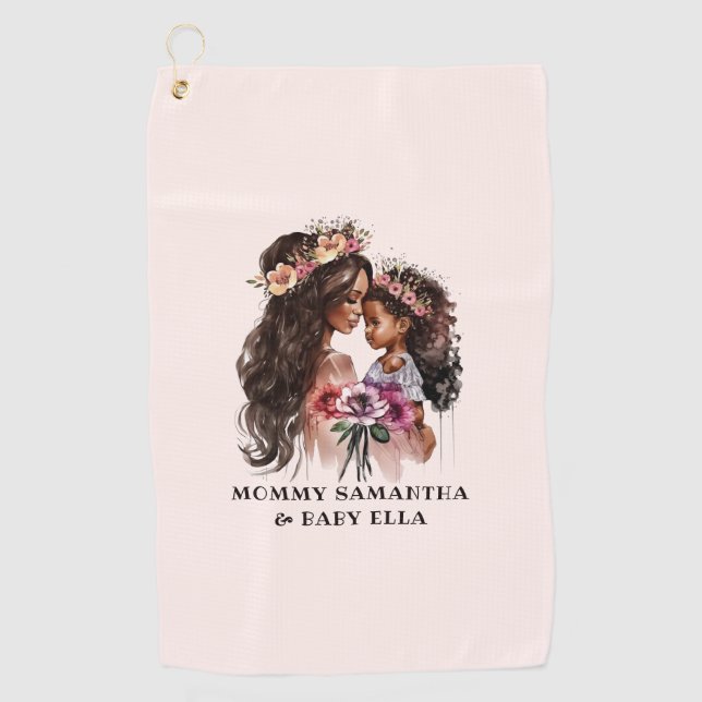 Beautiful Black Mum and Daughter Golf Towel (Front)