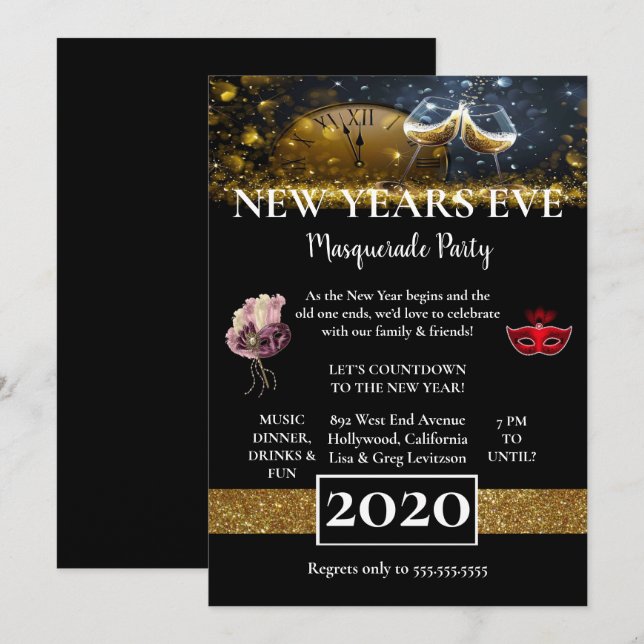 Beautiful Black New Years Eve Party Invitation (Front/Back)