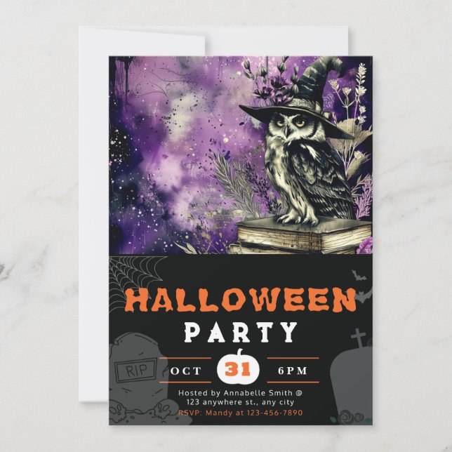 Beautiful Black Owl Witches Hat Black Halloween Invitation (Front)