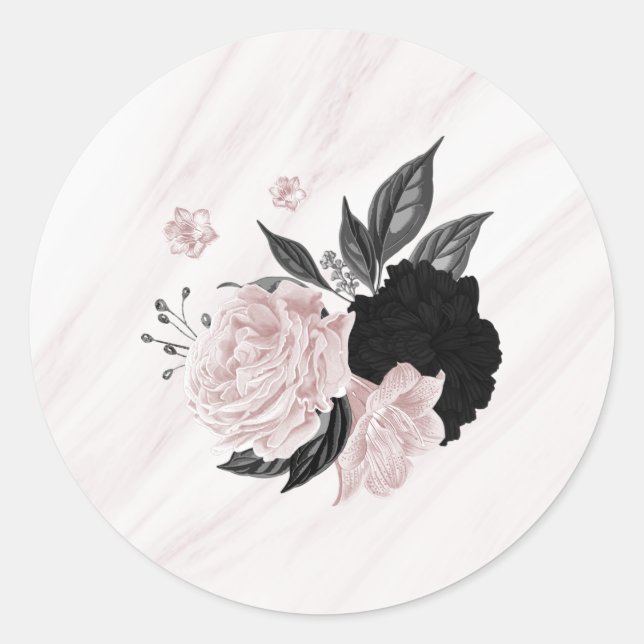 Beautiful black & pink flowers marble classic round sticker (Front)