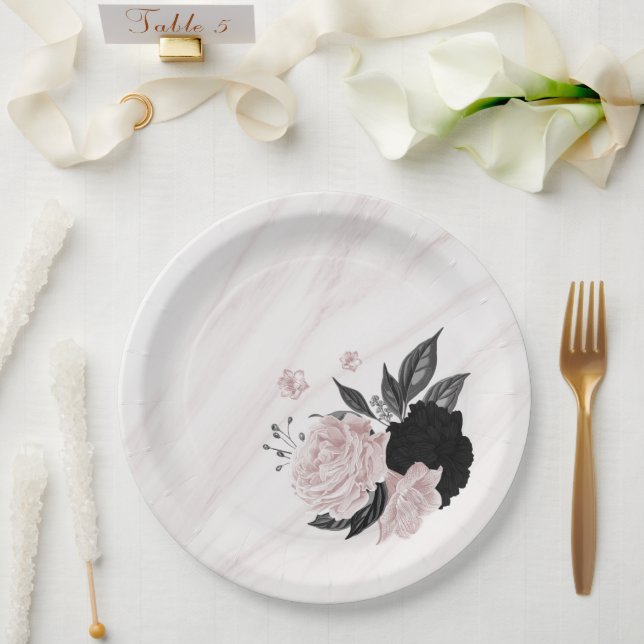 Beautiful black & pink flowers marble paper plate (Wedding)