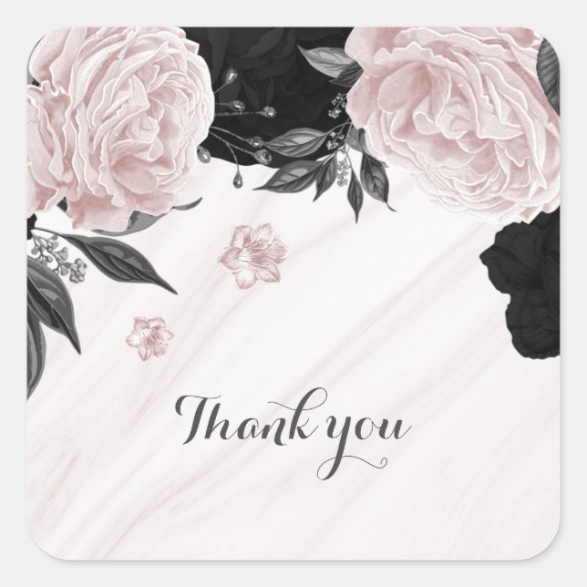 Beautiful black & pink flowers marble  square sticker (Front)