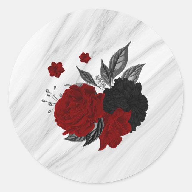 Beautiful black & red flowers marble classic round sticker (Front)
