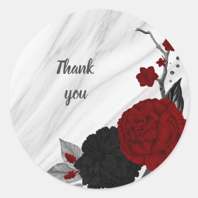 Beautiful black & red flowers marble  classic round sticker (Front)