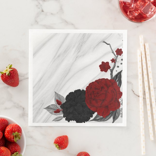Beautiful black & red flowers marble napkin (Insitu)