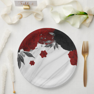 Beautiful black & red flowers marble paper plate