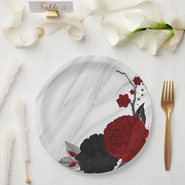 Beautiful black & red flowers marble paper plate (Wedding)