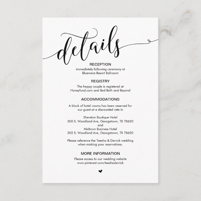 Beautiful, Black Script, Wedding Details Enclosure Card (Front)