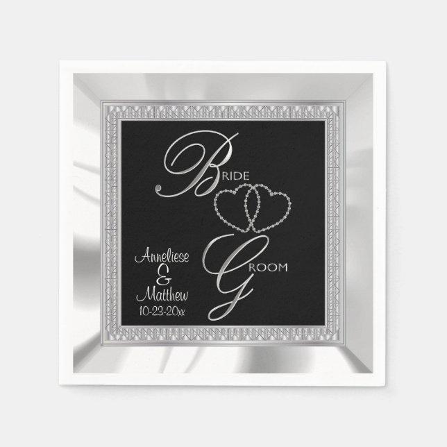 Beautiful Black, Silver & White Satin Wedding Napkin (Front)