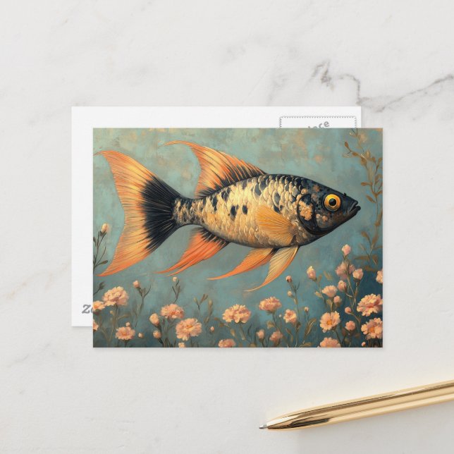 Beautiful Black Spotted Fish and Pink Flowers Postcard (Front/Back In Situ)