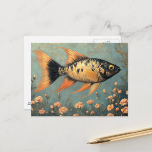 Beautiful Black Spotted Fish and Pink Flowers Postcard