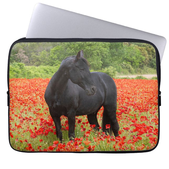 Beautiful Black Stallion in a Poppy Field Laptop S Laptop Sleeve (Front)