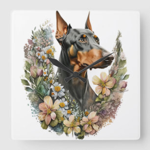BEAUTIFUL BLACK & TAN DOBERMAN PINSCHER DOG SQUARE WALL CLOCK