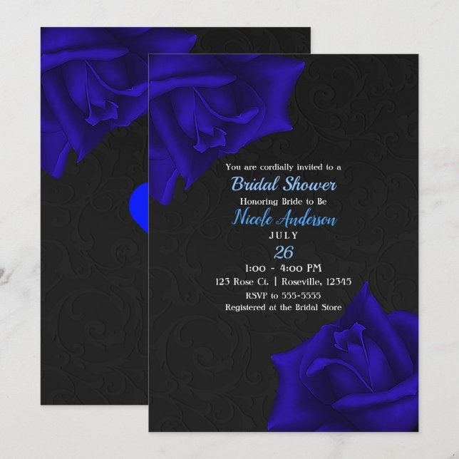 Beautiful Black Texture Blue Roses Bridal Shower Invitation (Front/Back)