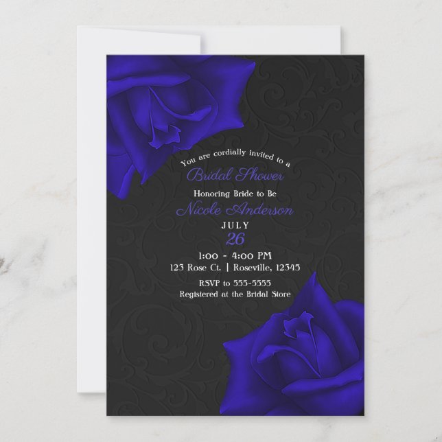 Beautiful Black Texture Blue Roses Bridal Shower Invitation (Front)