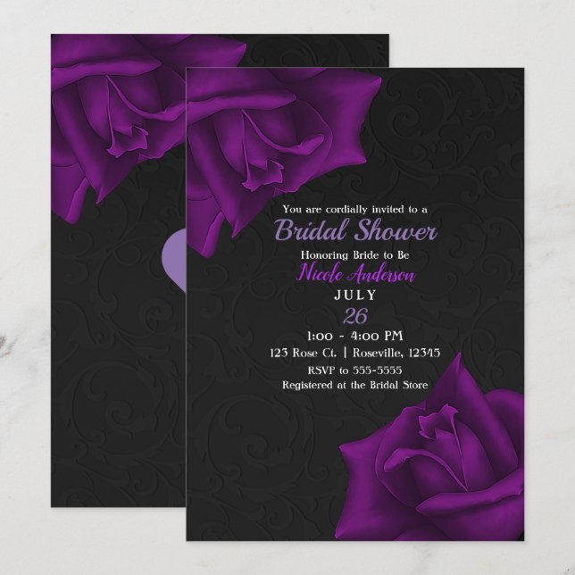 Beautiful Black Texture Purple Roses Bridal Shower Invitation (Front/Back)