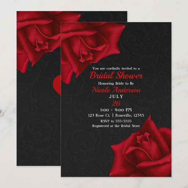 Beautiful Black Texture Red Roses Bridal Shower Invitation (Front/Back)