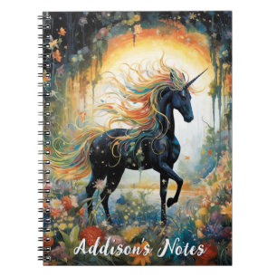 Beautiful Black Unicorn Custom Name Notebook