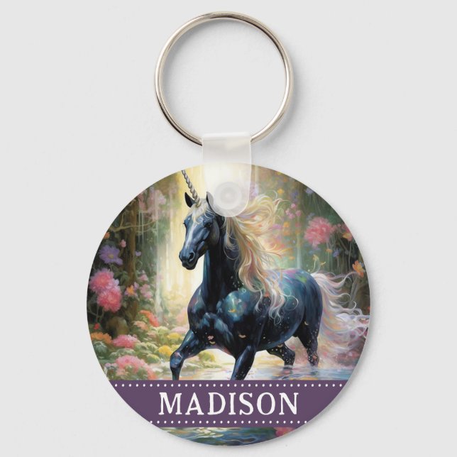 Beautiful Black Unicorn Keychain with Custom Name (Front)