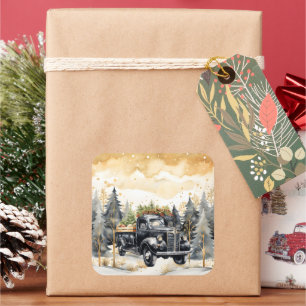 Beautiful Black Vintage Truck Against Gold Sky Square Sticker