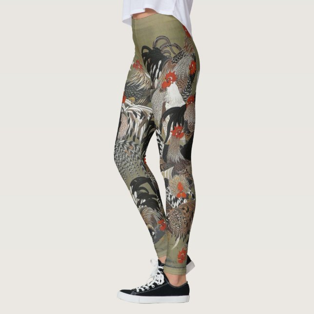 Beautiful Black, White and Multi-Colour Roosters Leggings (Left)