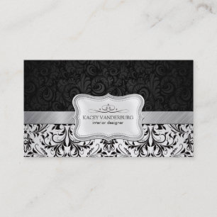 Beautiful Black & White Damask Interior Design Business Card