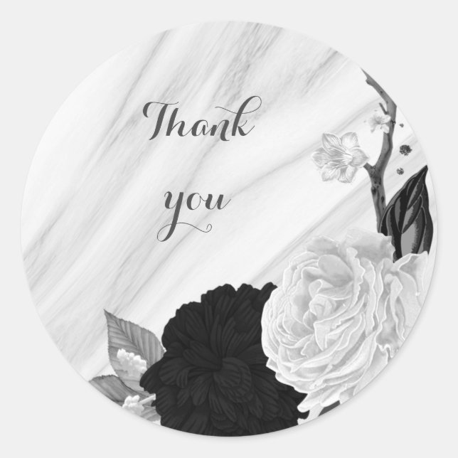 Beautiful black & white flowers marble classic round sticker (Front)