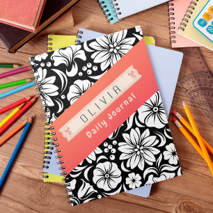 Beautiful Black & White Orange Custom Name Daily Notebook
