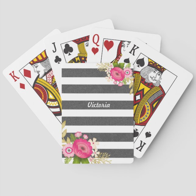 Beautiful Black White Stripe Floral Personalised Playing Cards (Back)