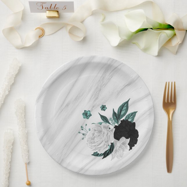 Beautiful black white teal flowers marble paper plate (Wedding)