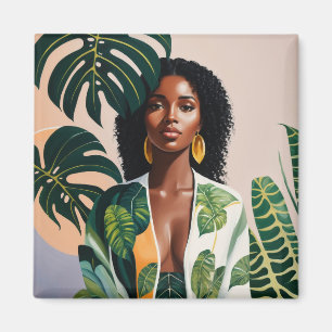 Beautiful Black Woman Botanical Boho Portrait Magnet