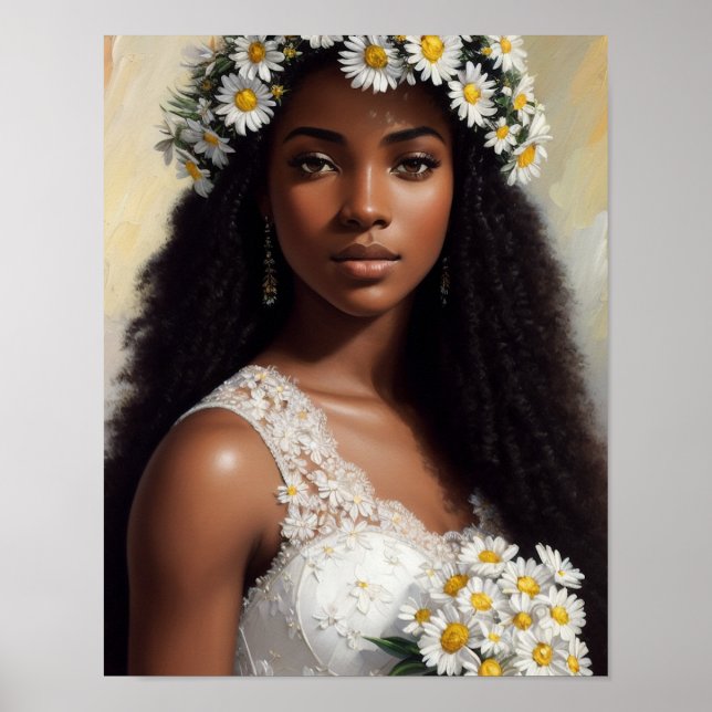 Beautiful Black Woman Daisies Floral Art Poster (Front)