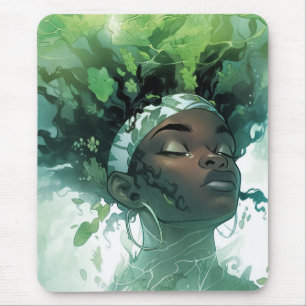 Beautiful Black Woman Floating in Water w/ Plants Mouse Mat