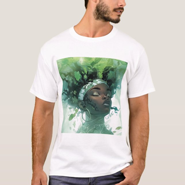 Beautiful Black Woman Floating in Water w/ Plants T-Shirt (Front)