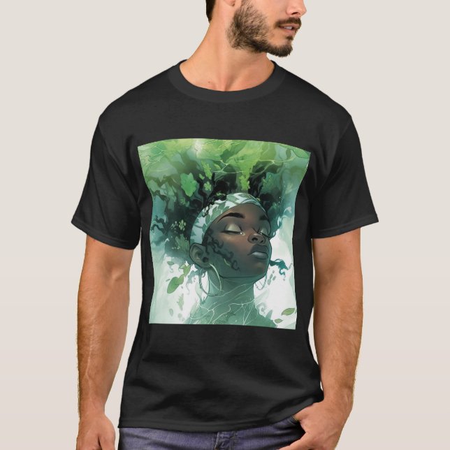 Beautiful Black Woman Floating in Water w/ Plants T-Shirt (Front)